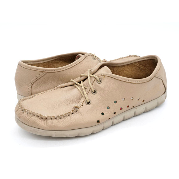 SAS Shoes Womens 8 Beige Leather Perforated Moc Toe Lace Up Comfort Low Top USA - Picture 1 of 13
